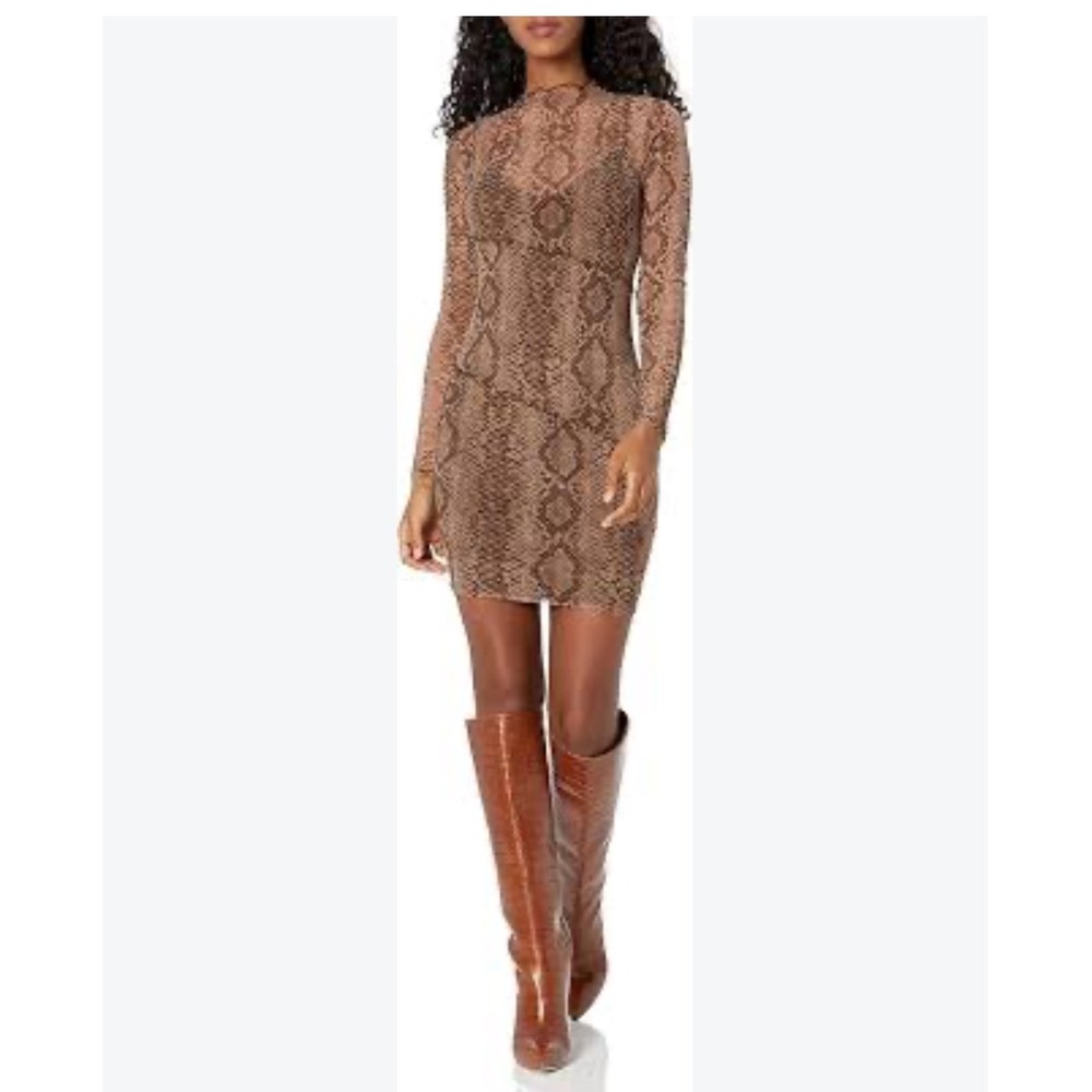 GUESS Women Brown Snake Print Mesh Mock Neck Long Sleeve Bodycon Dress L NWT